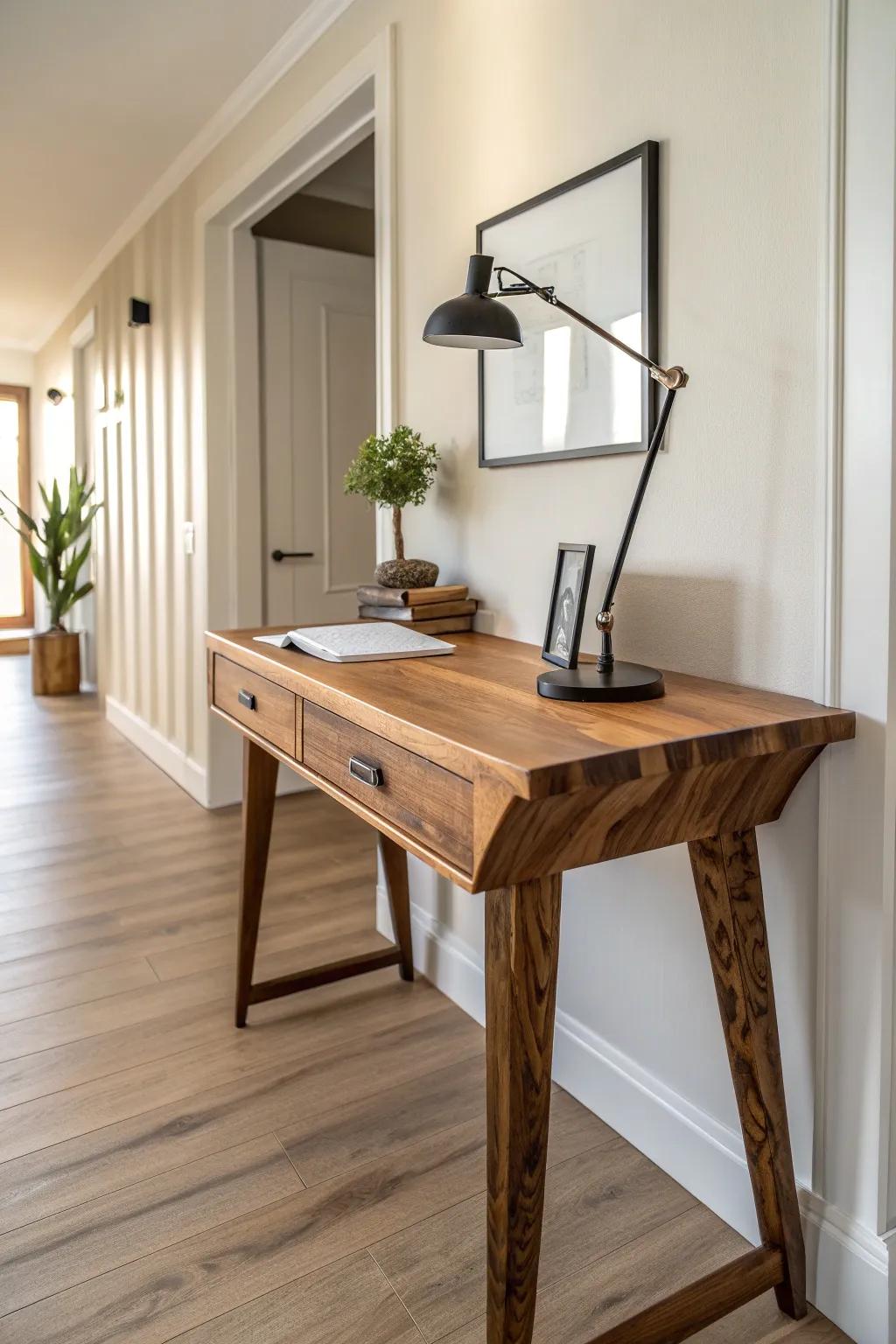 Maximize your hallway's potential with a chic, handcrafted narrow wood slab desk. Perfect for tight spaces without compromising on style.