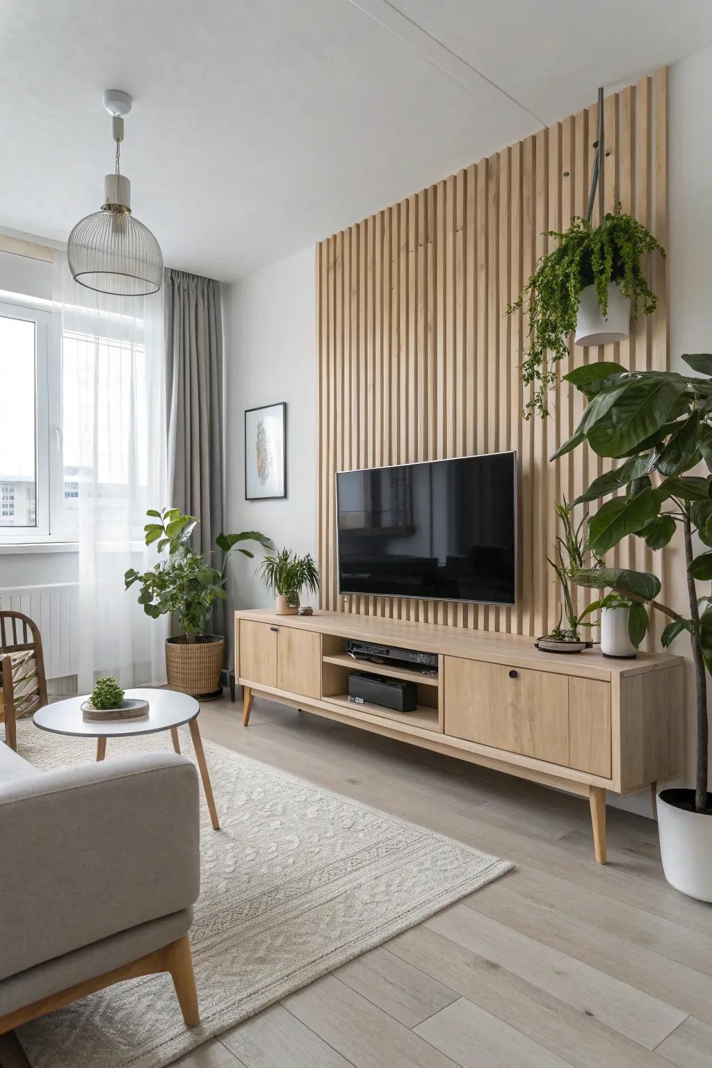 Scandinavian simplicity shines through with this light wood slat TV wall.