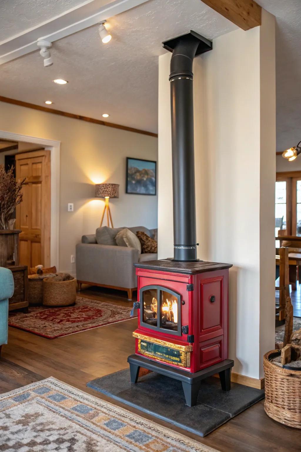 A bold wood stove serves as the centerpiece in this stylish living room.