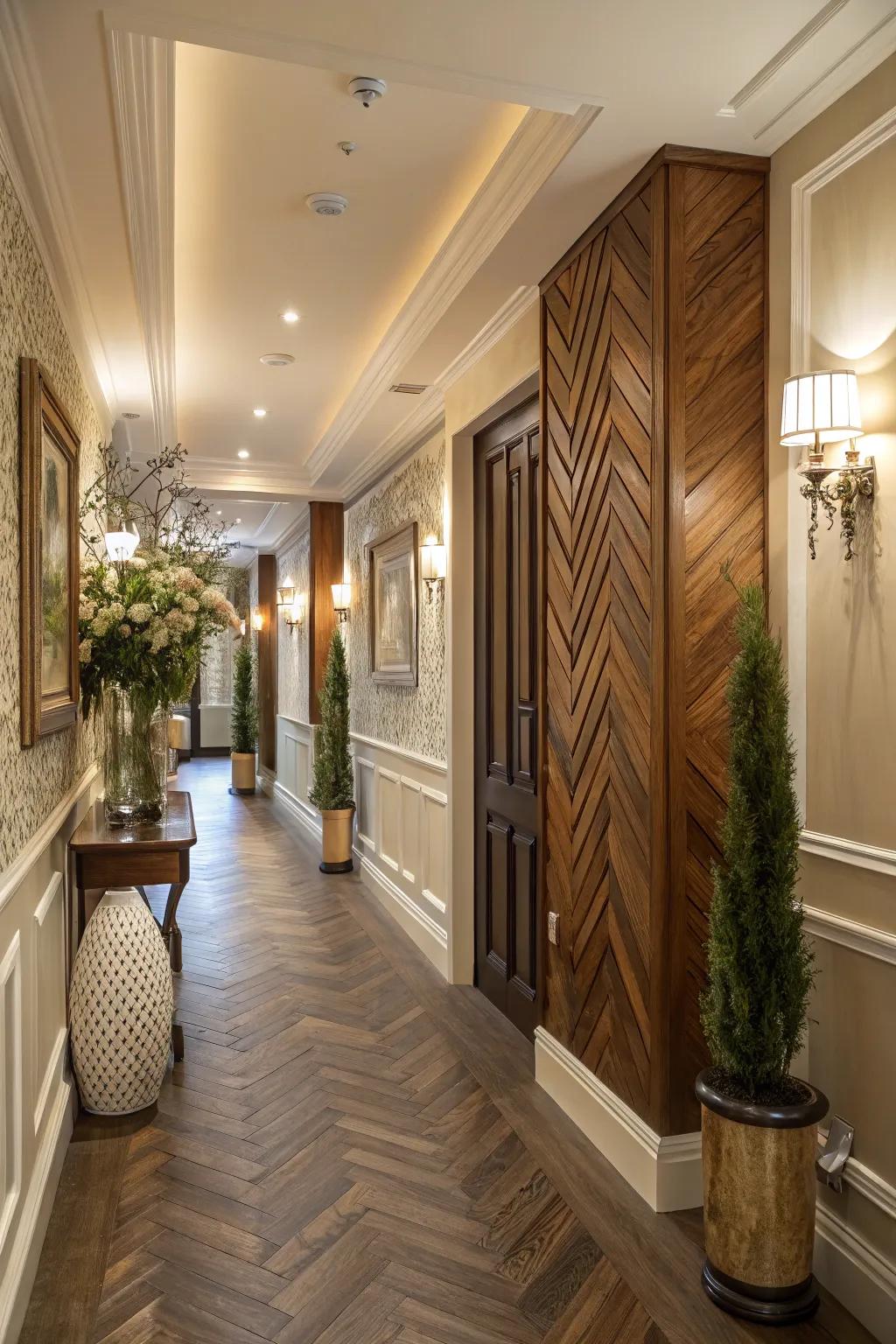 Elegant hallway with a textured herringbone accent wall.