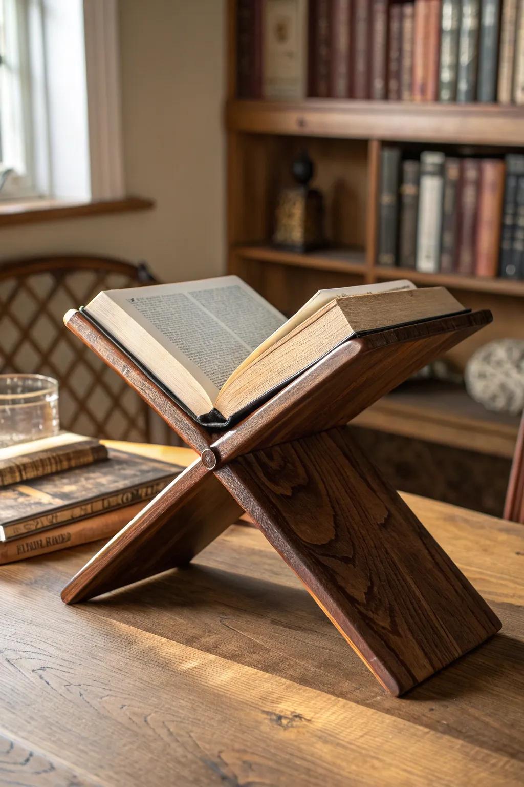 Elevate your reading experience with the timeless elegance of a cross-legged book stand.