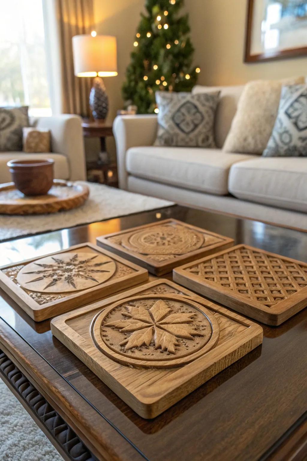 Engraved wooden coasters bring both style and function to any table.