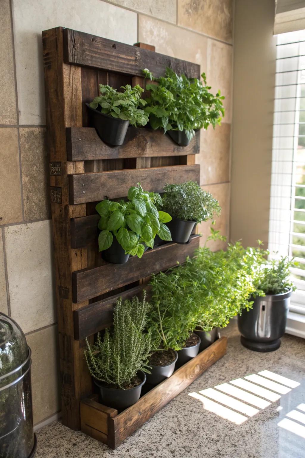 Elevate your kitchen space with this handcrafted vertical herb garden, combining rustic charm and modern functionality.