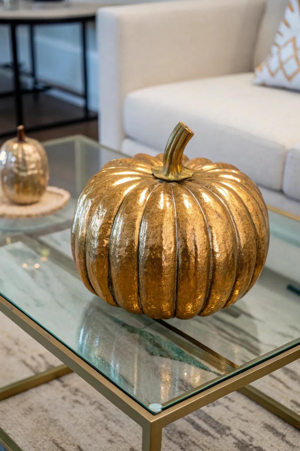 A metallic gold pumpkin brings a luxurious touch to fall decor.