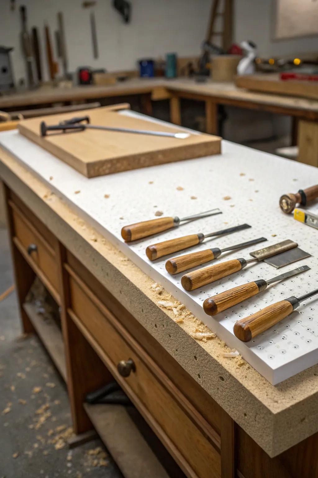 Elevate your workspace with the timeless elegance of a Masonite-topped workbench.