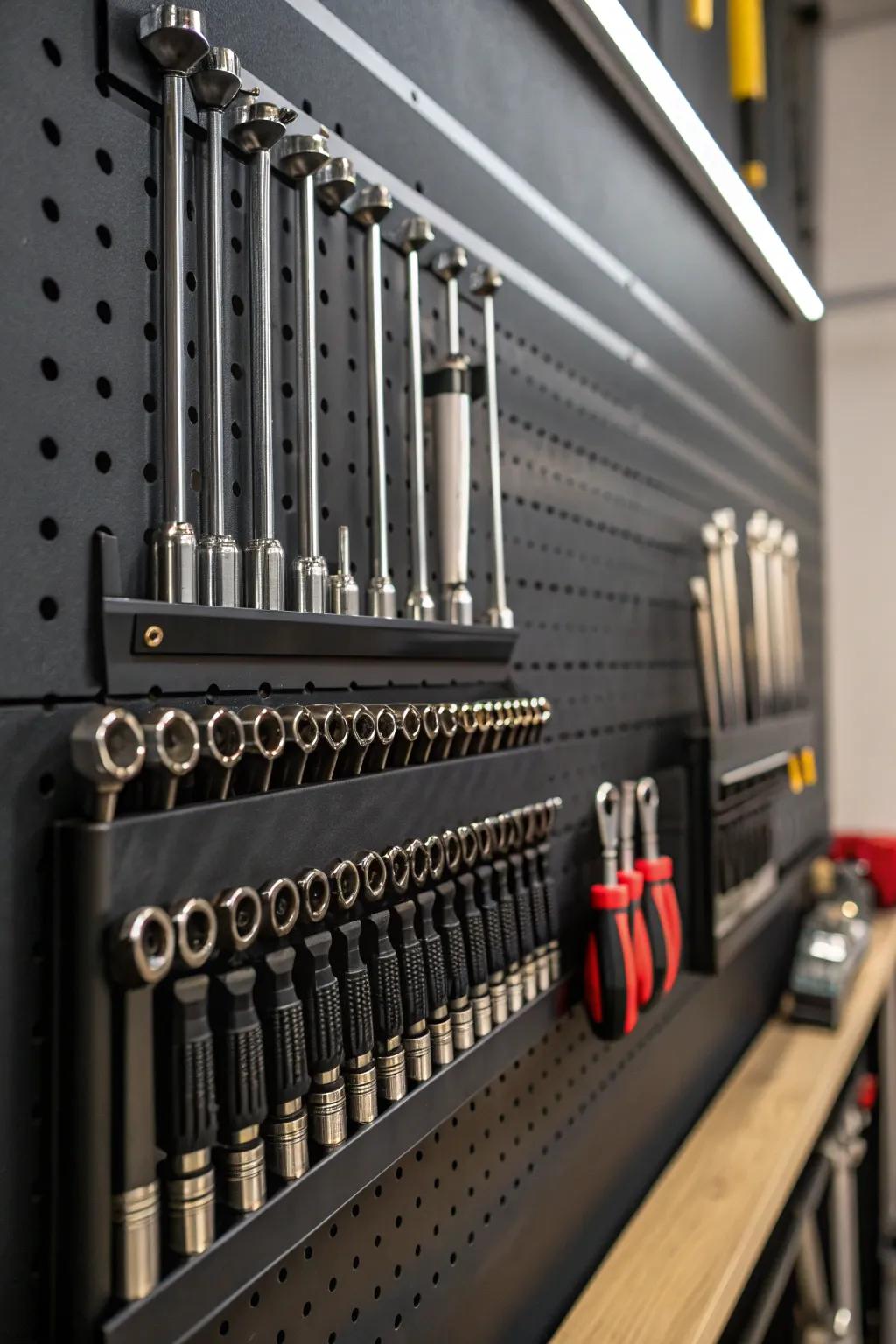 Elevate your workshop game with magnetic strips for a sleek and organized tool display.