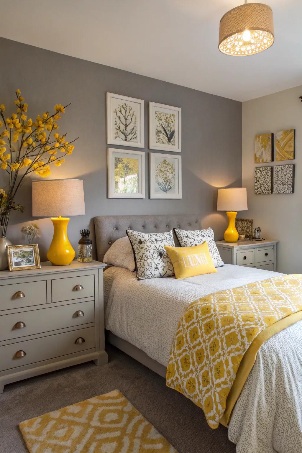 Grey walls serve as a perfect canvas for bright yellow decor accents.