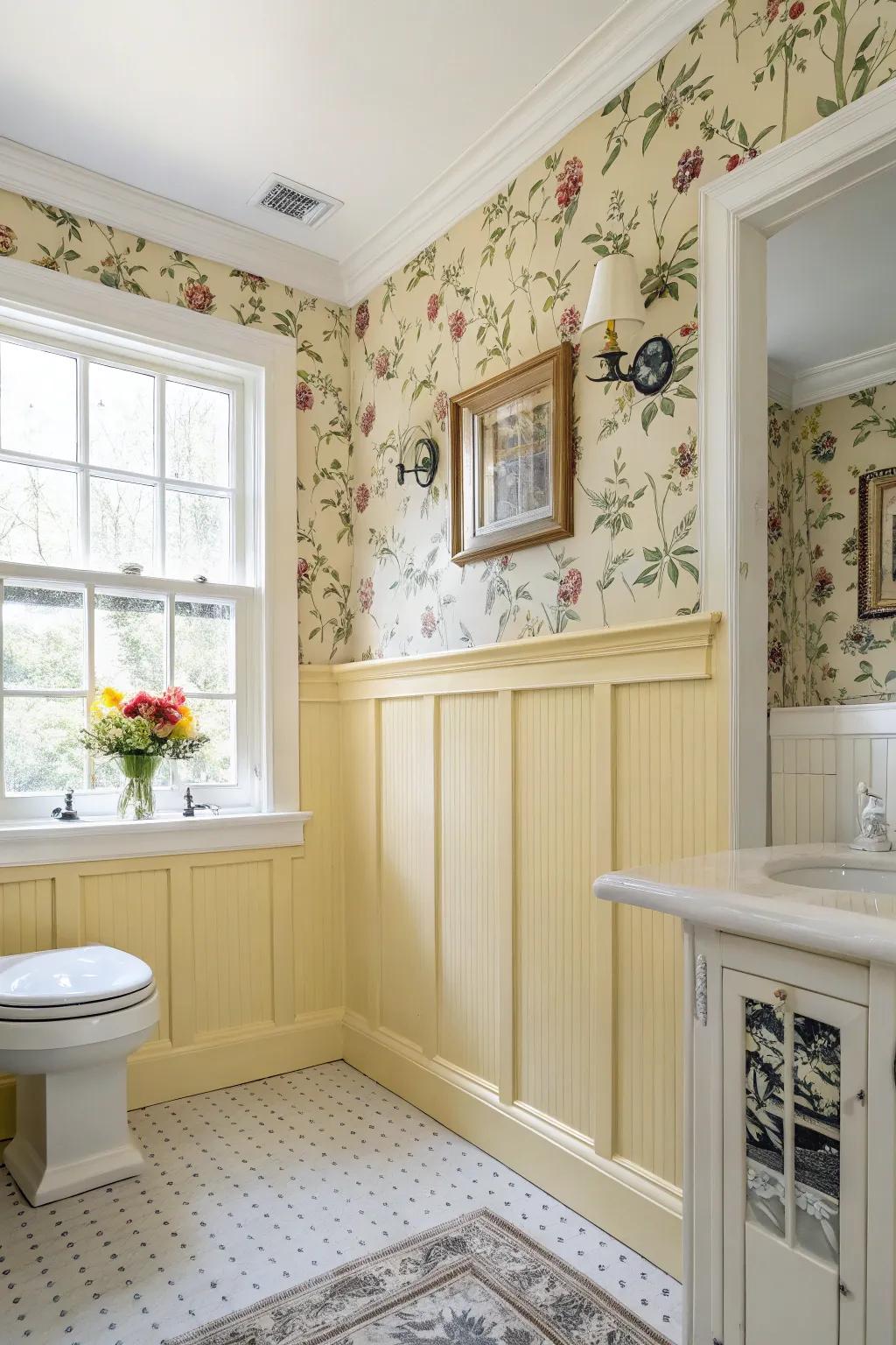 A charming bathroom with light yellow wainscoting and a touch of floral elegance.