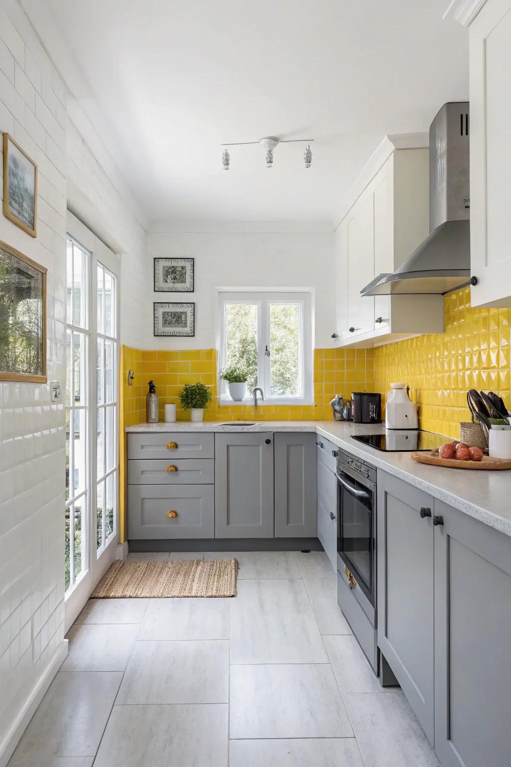 White walls provide a neutral backdrop for vibrant yellow and grey highlights.