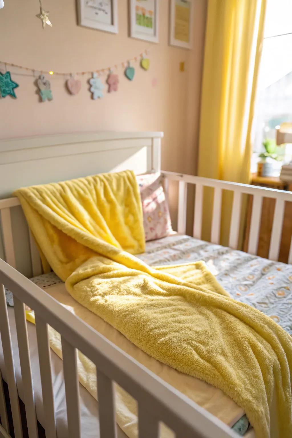 Yellow accents in the crib area provide a warm and inviting focal point.