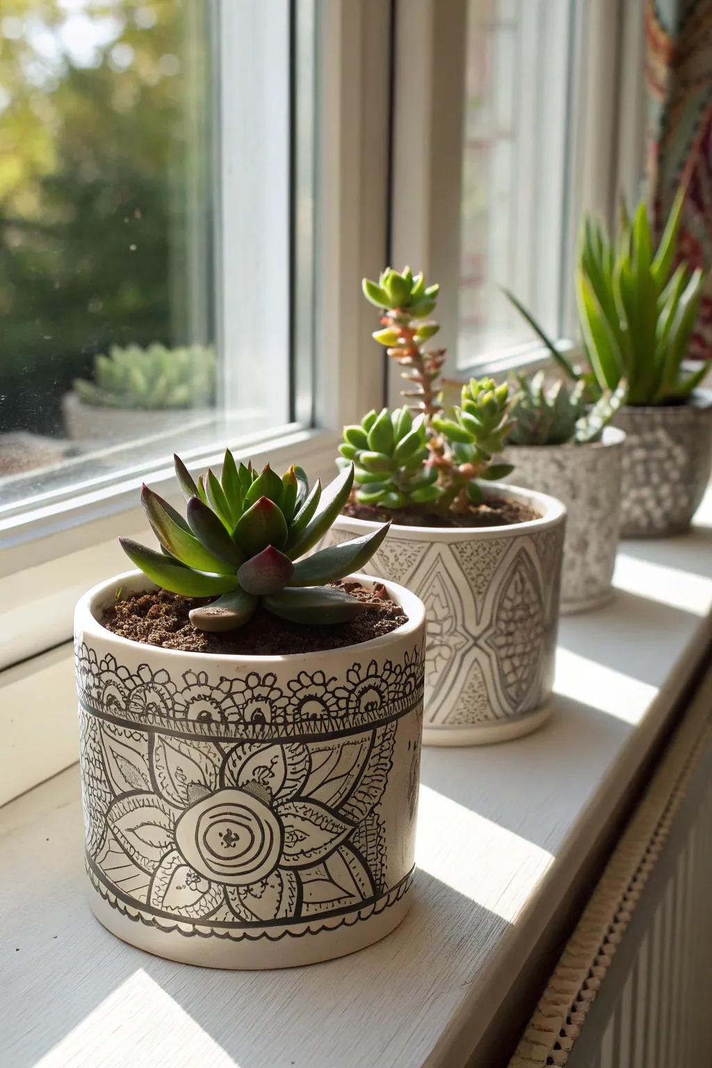 Zentangle planters bring charm to any windowsill.