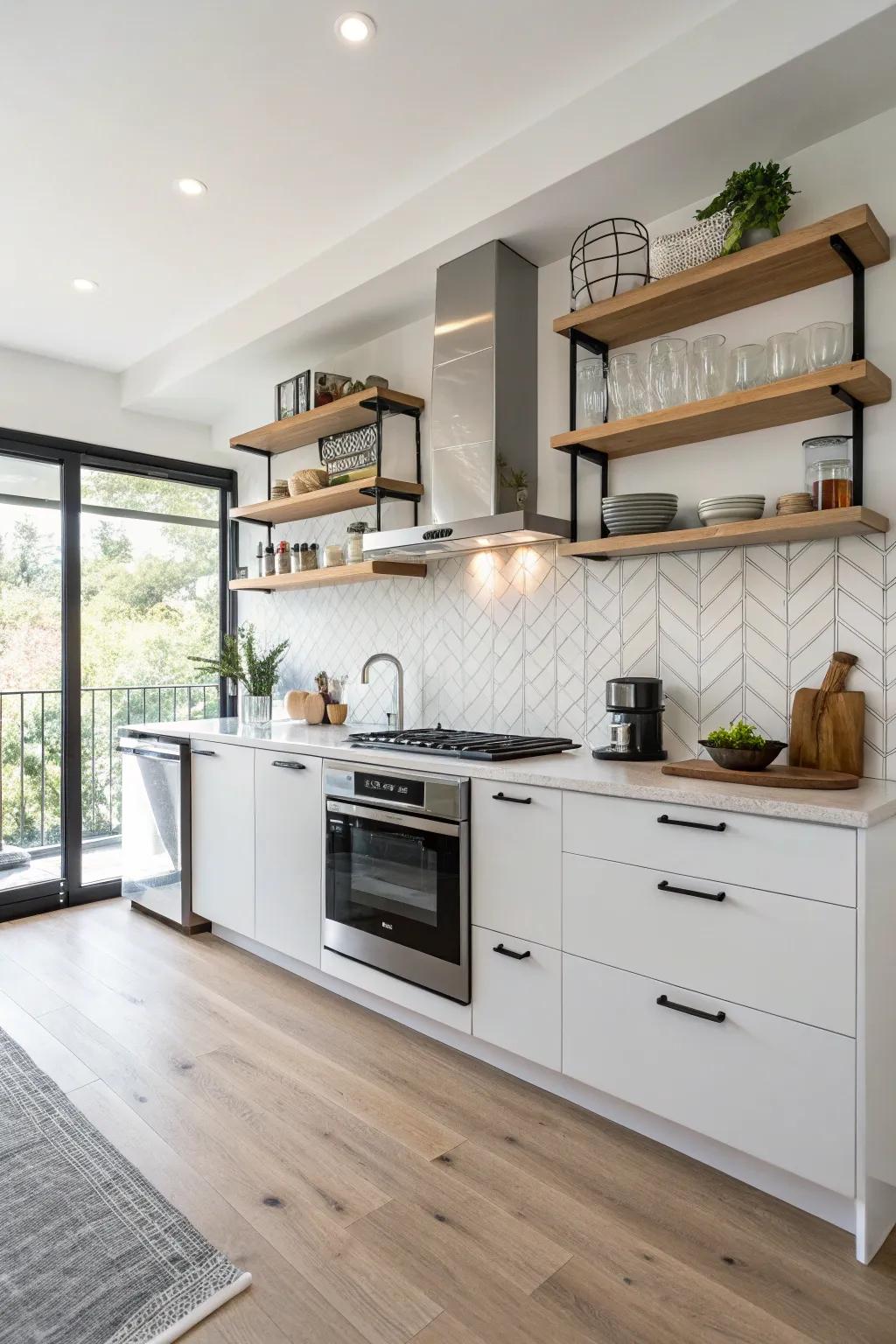 A one-wall kitchen offers simplicity and sleekness in an open-plan setting.