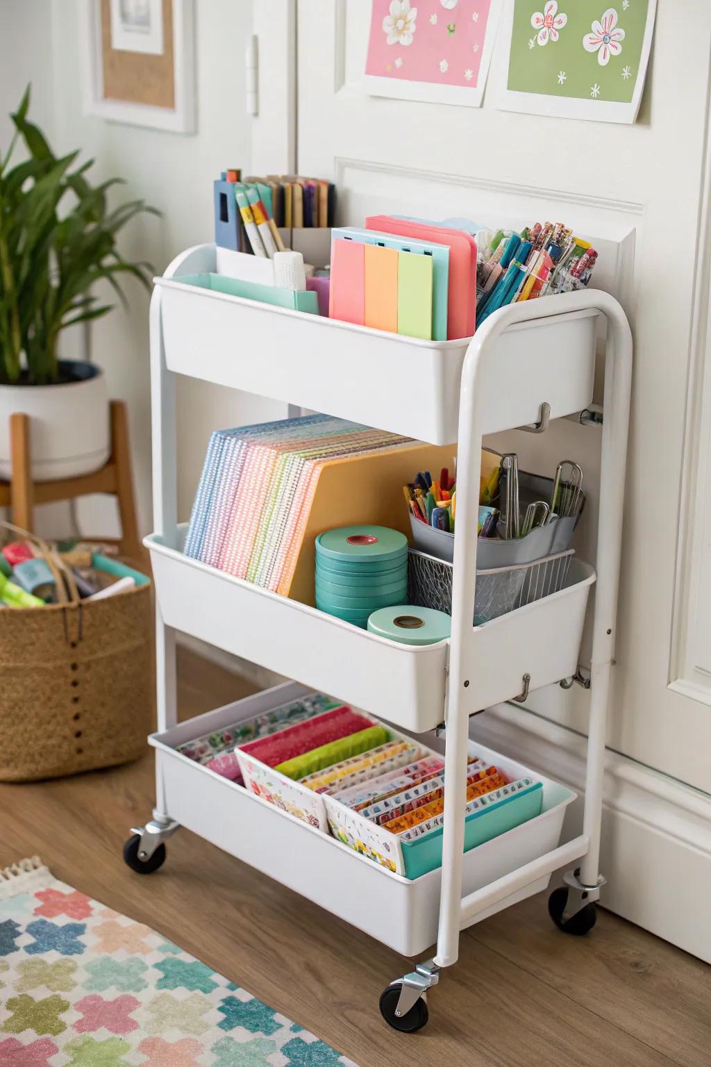 A rolling cart provides mobile and efficient storage for your crafting projects.