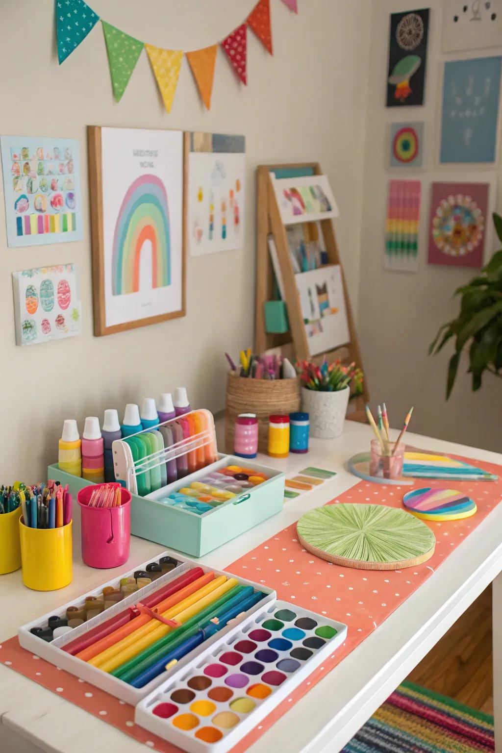 A vibrant craft station filled with supplies for a creative birthday party.