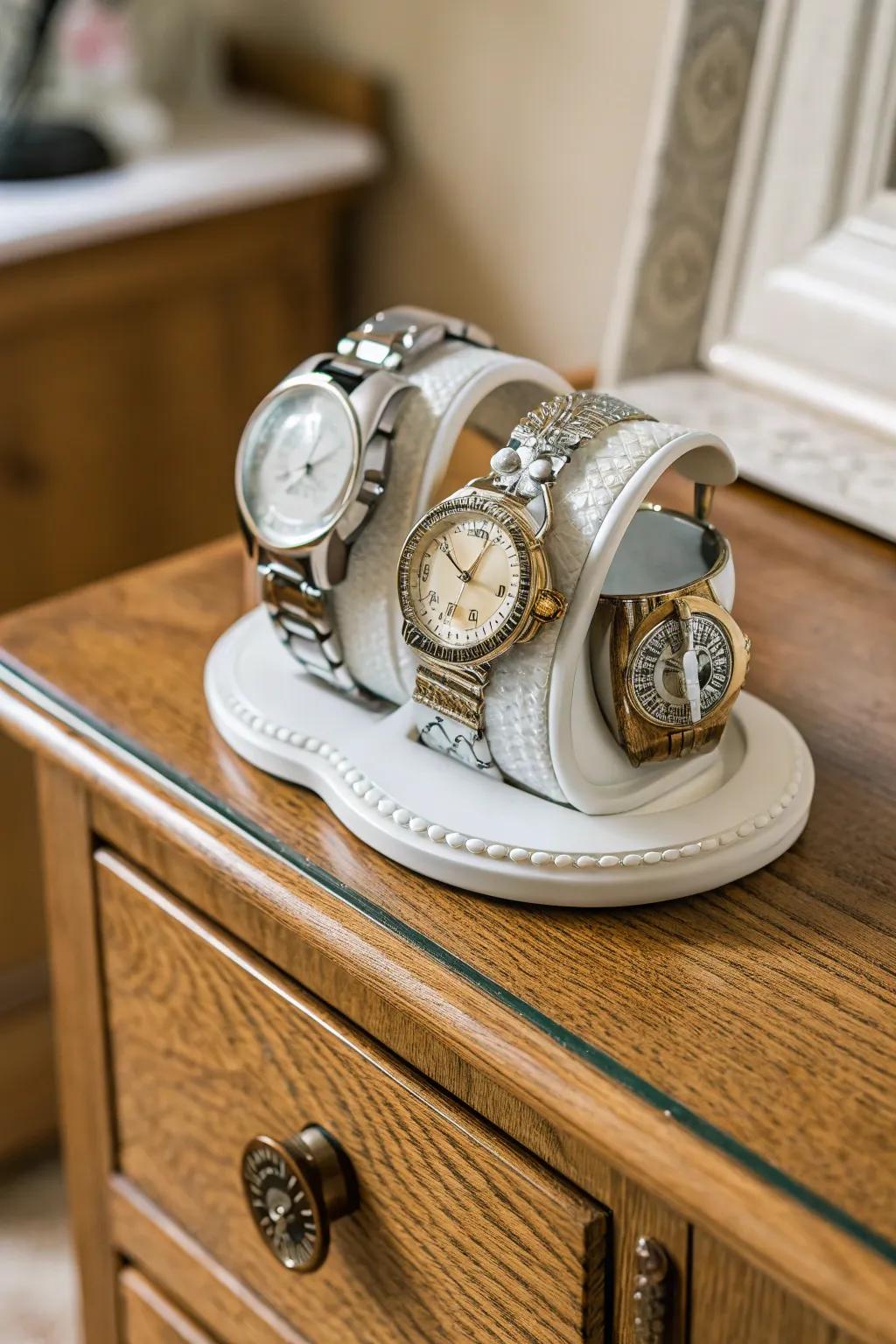 Keep timepieces organized with a porcelain watch stand.