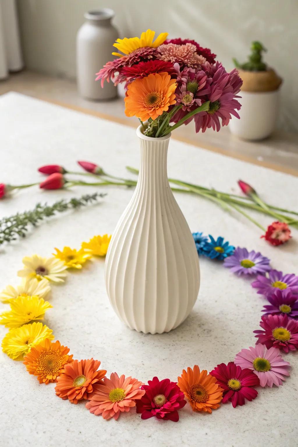 Explore the art of color with this stunning floral wheel arrangement. A perfect blend of simplicity and boldness for your decor.