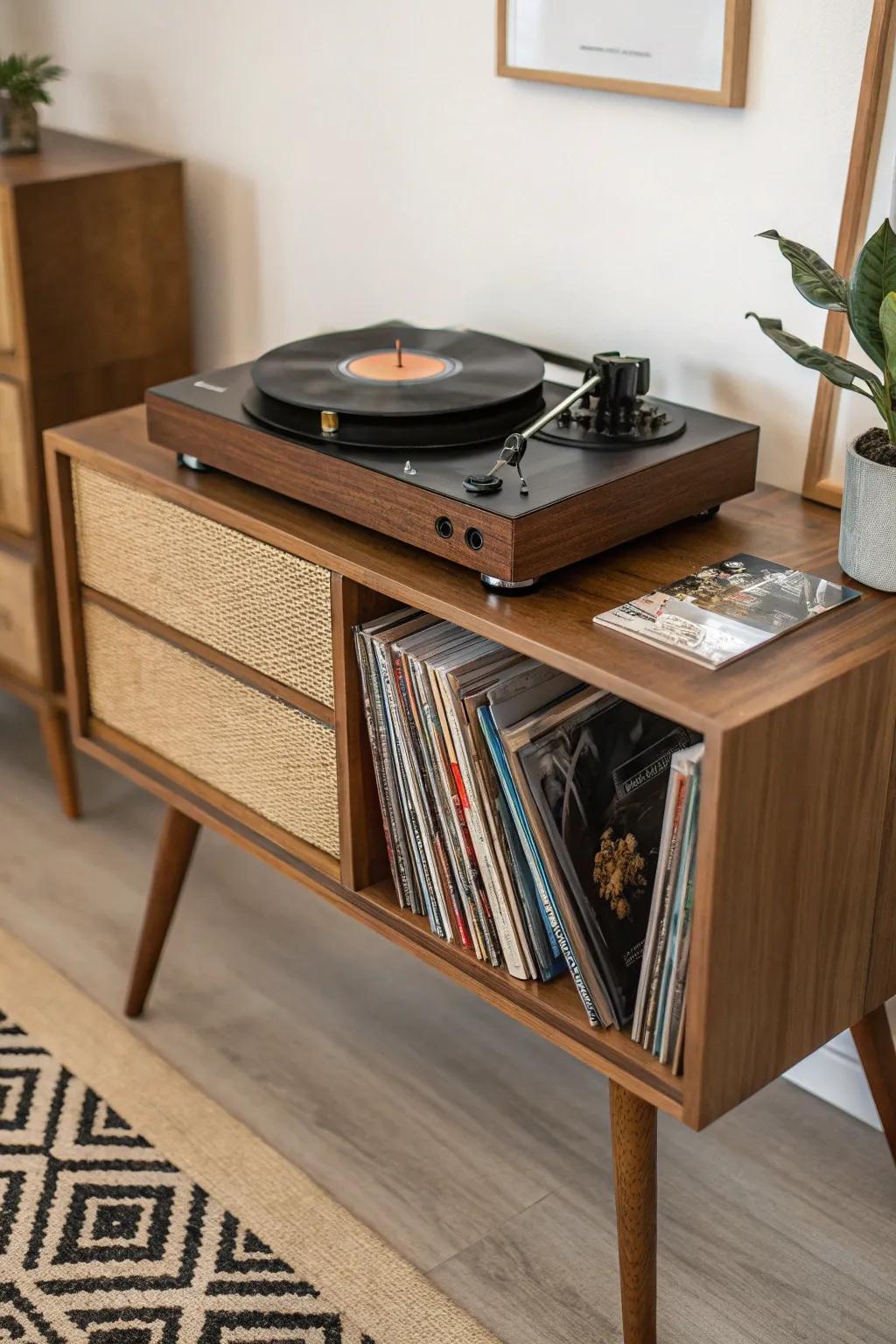 A vintage vinyl record player adds a touch of nostalgia to any home.