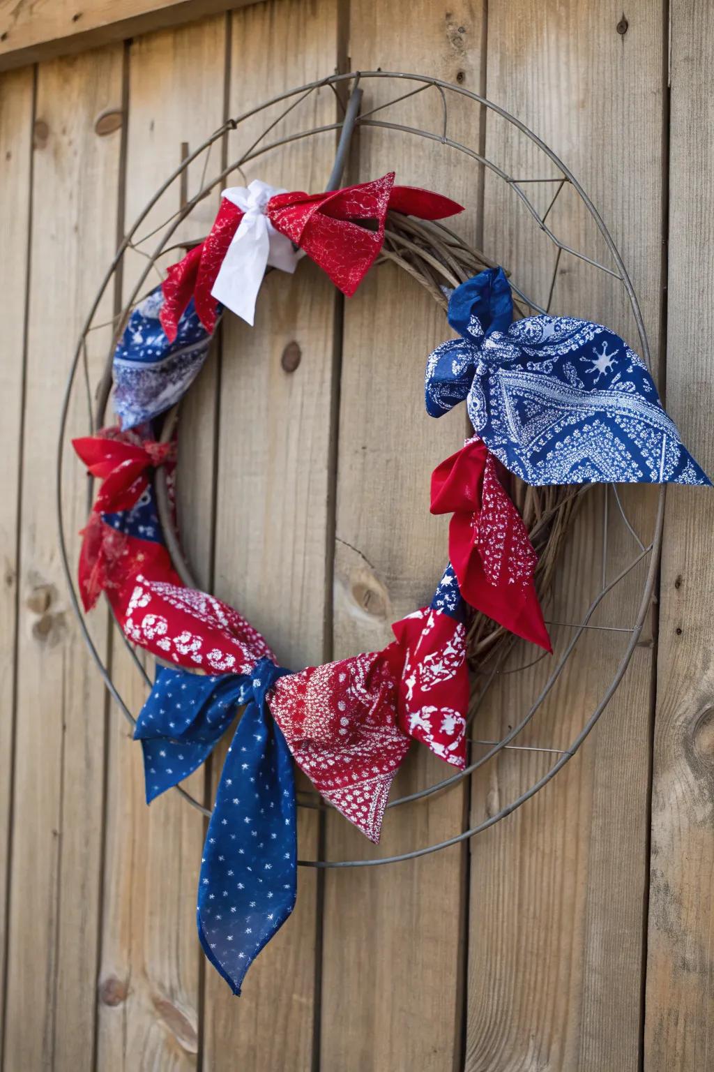 A casual and colorful bandana wreath that embodies the spirit of Americana.