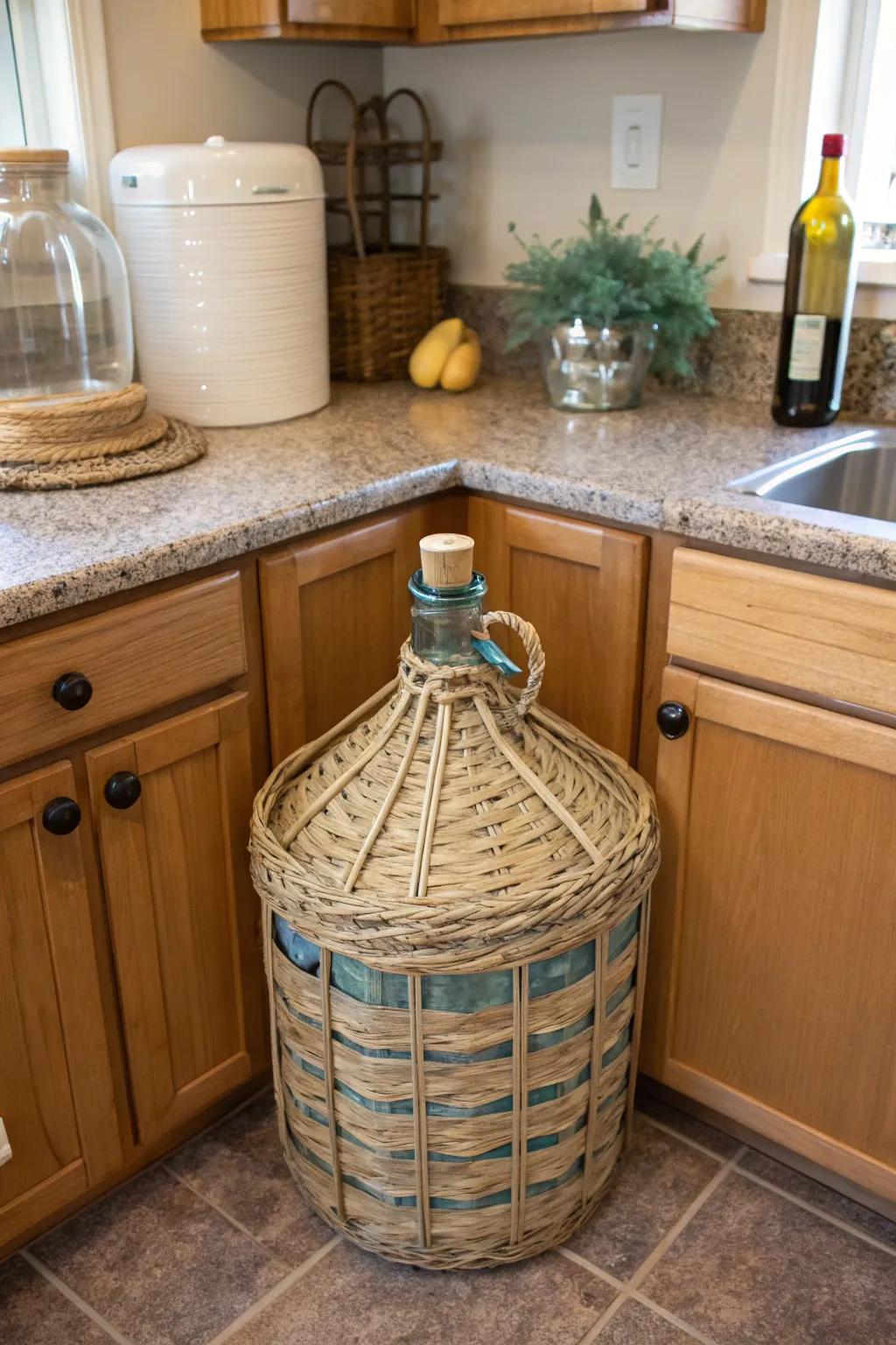 A decorative basket hides the water jug stylishly.