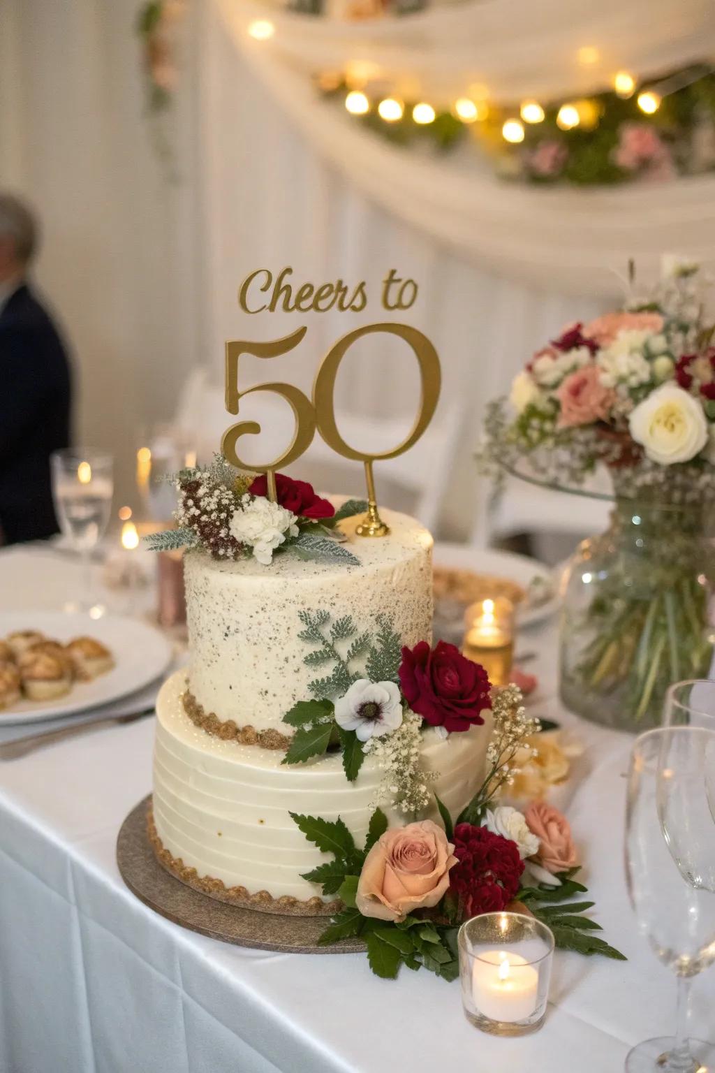 A custom cake topper adds a personal touch to the anniversary cake.