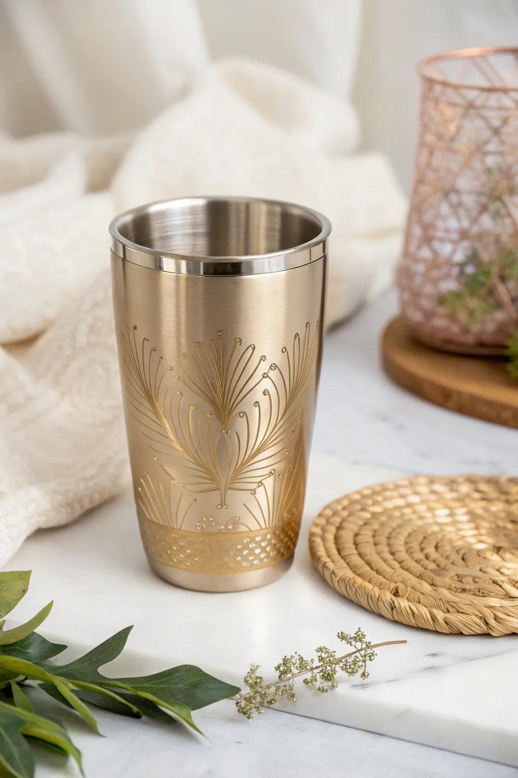 Embrace the shimmer: Elevate your celebrations with this stunning metallic gold tumbler.