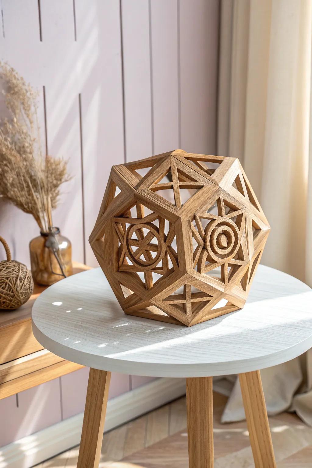 Discover the magic of optical illusions with this stunning wooden sculpture that plays with perspective and depth.