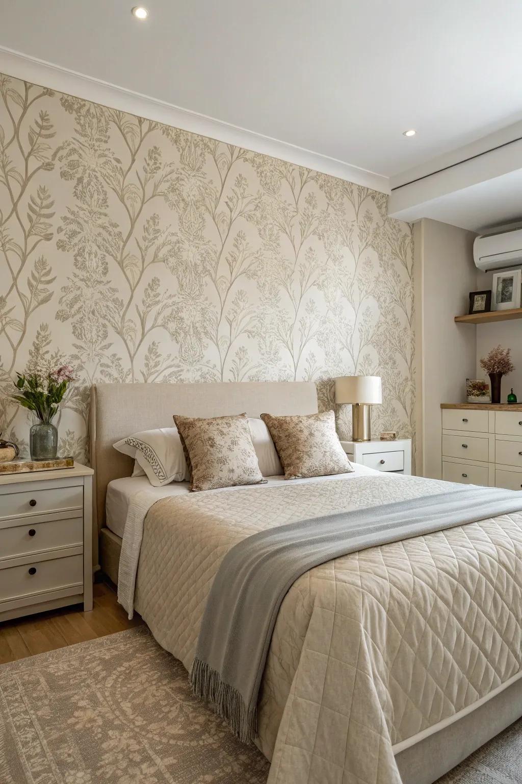 Textured wallpaper adds warmth and depth to a cozy bedroom.