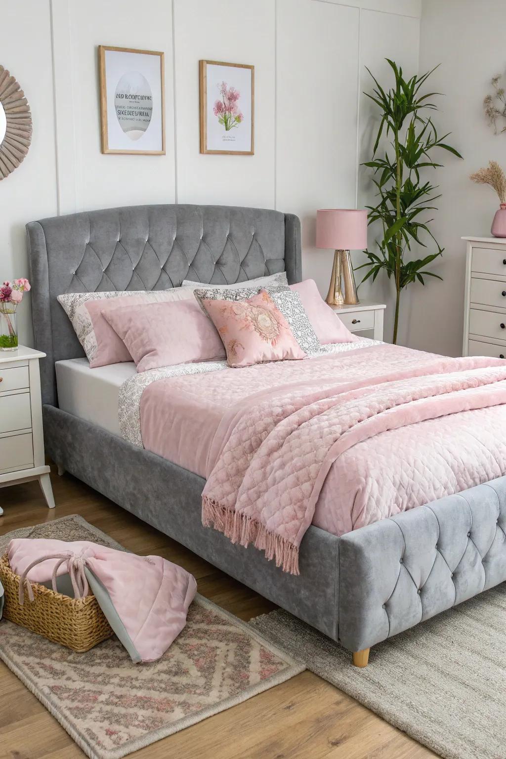 A plush grey bed frame serves as a perfect base for pink accents.