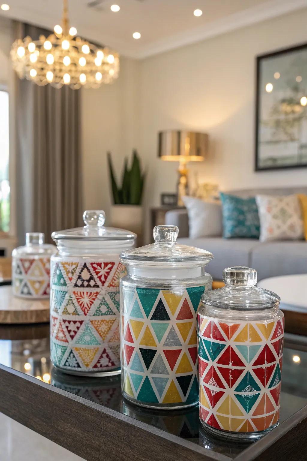 Contemporary geometric patterned jars for a modern look.