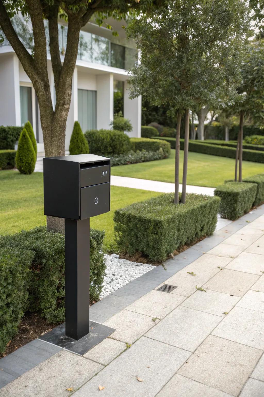 A sleek black mailbox with a minimalist design.