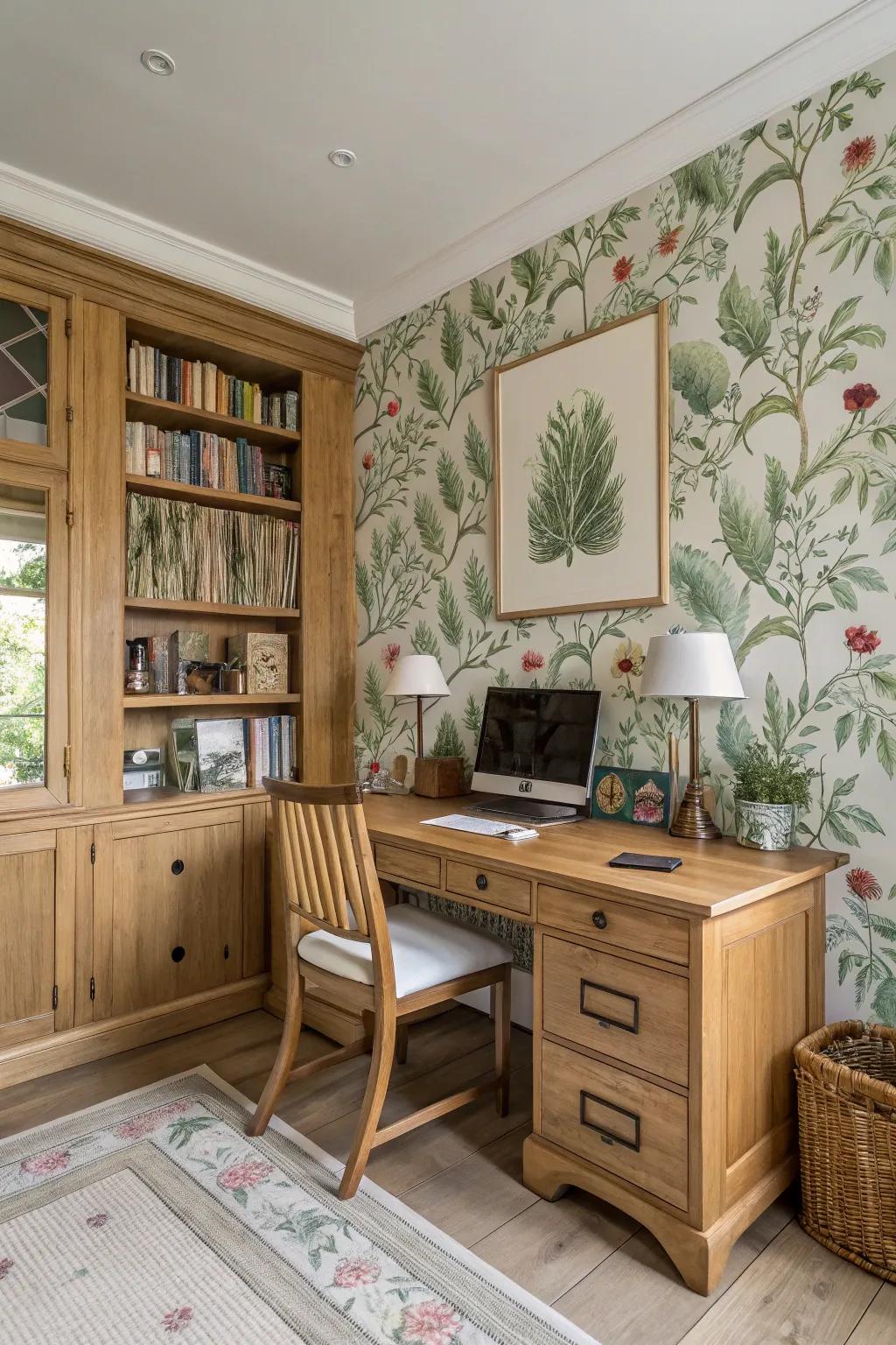 A home office adorned with botanical wallpaper for a calming effect.