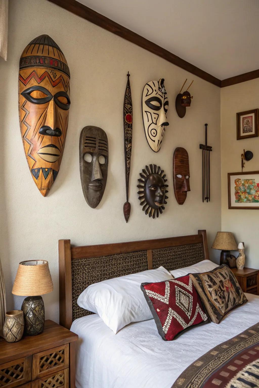 A bedroom wall adorned with tribal masks and African art, creating a stunning focal point.