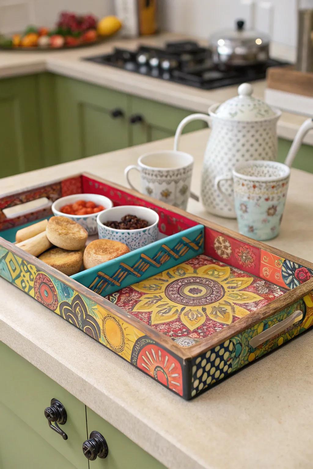 A vibrant serving tray made from children's art, ready for auction.