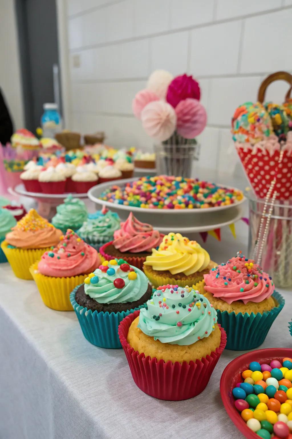 Cupcakes transformed into edible art pieces with an array of colorful toppings and sprinkles.