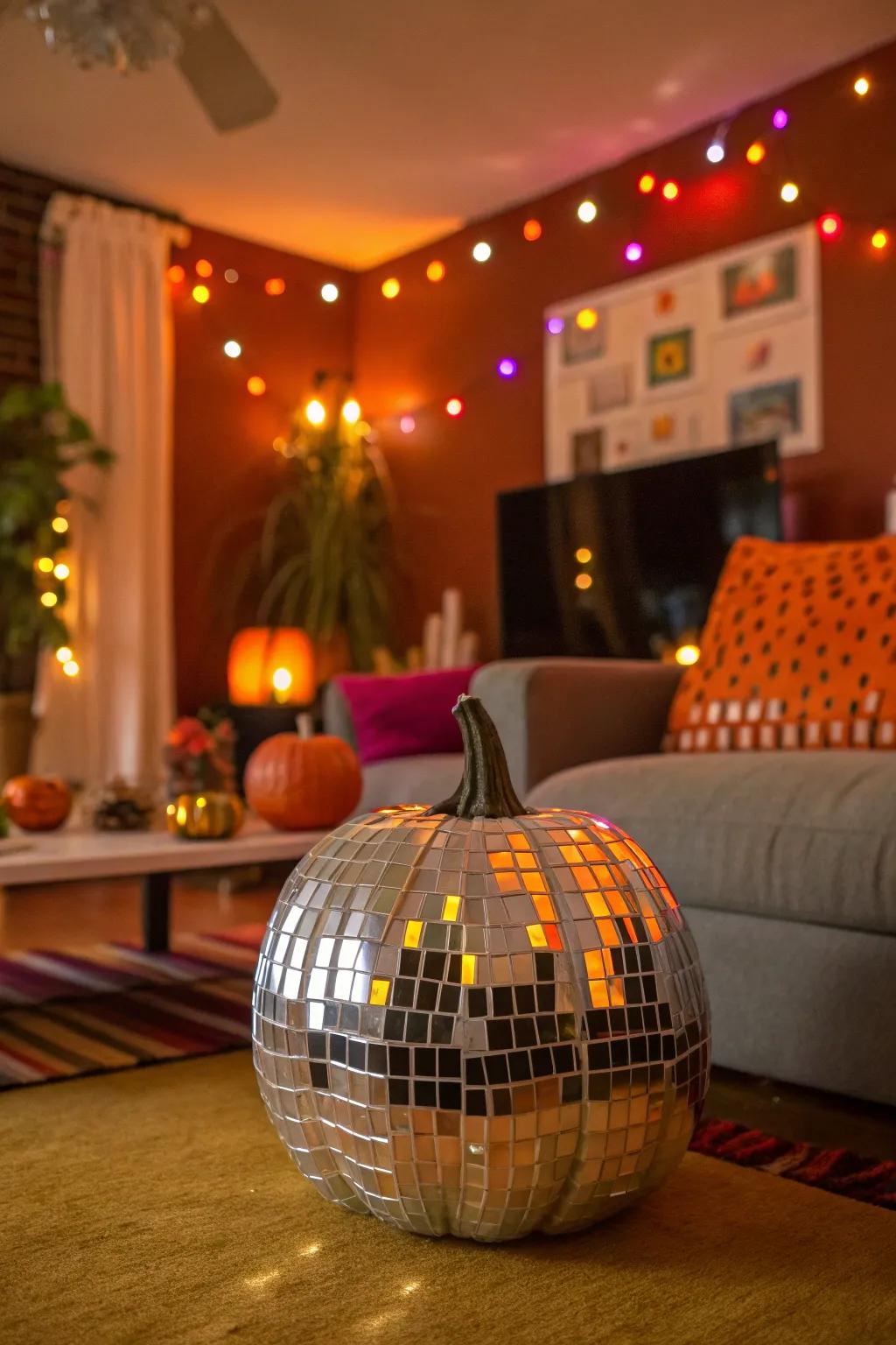 A disco ball-inspired pumpkin, ideal for adding sparkle to any festive occasion.