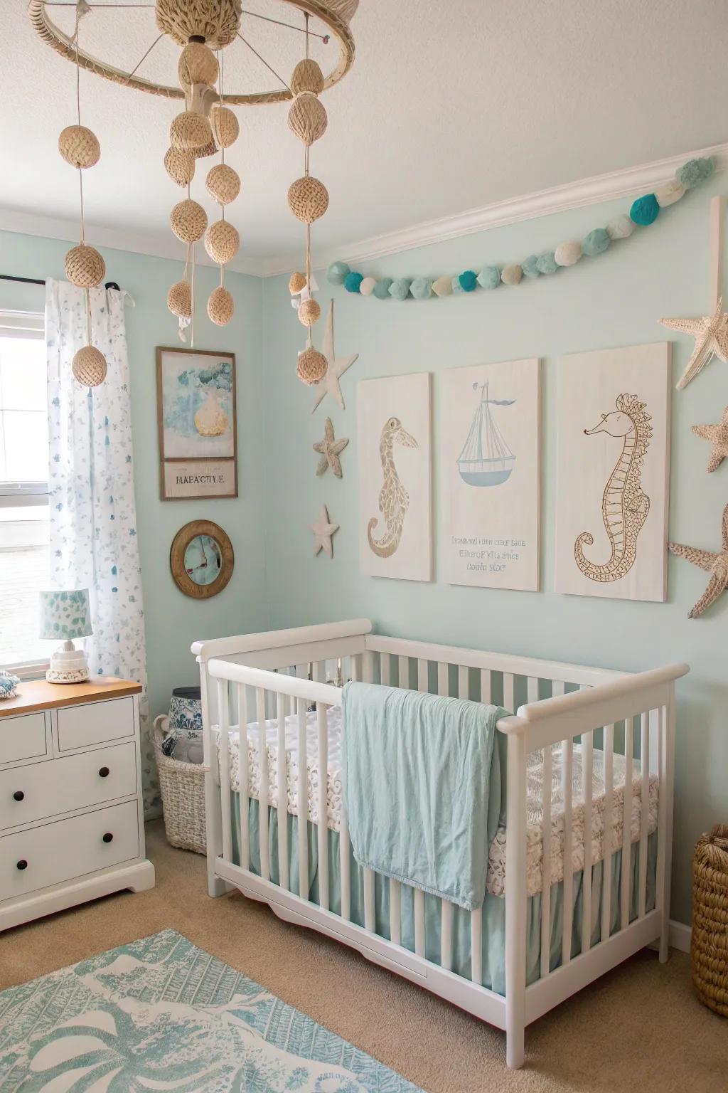 A beachy retreat nursery with light colors and ocean-inspired decor.