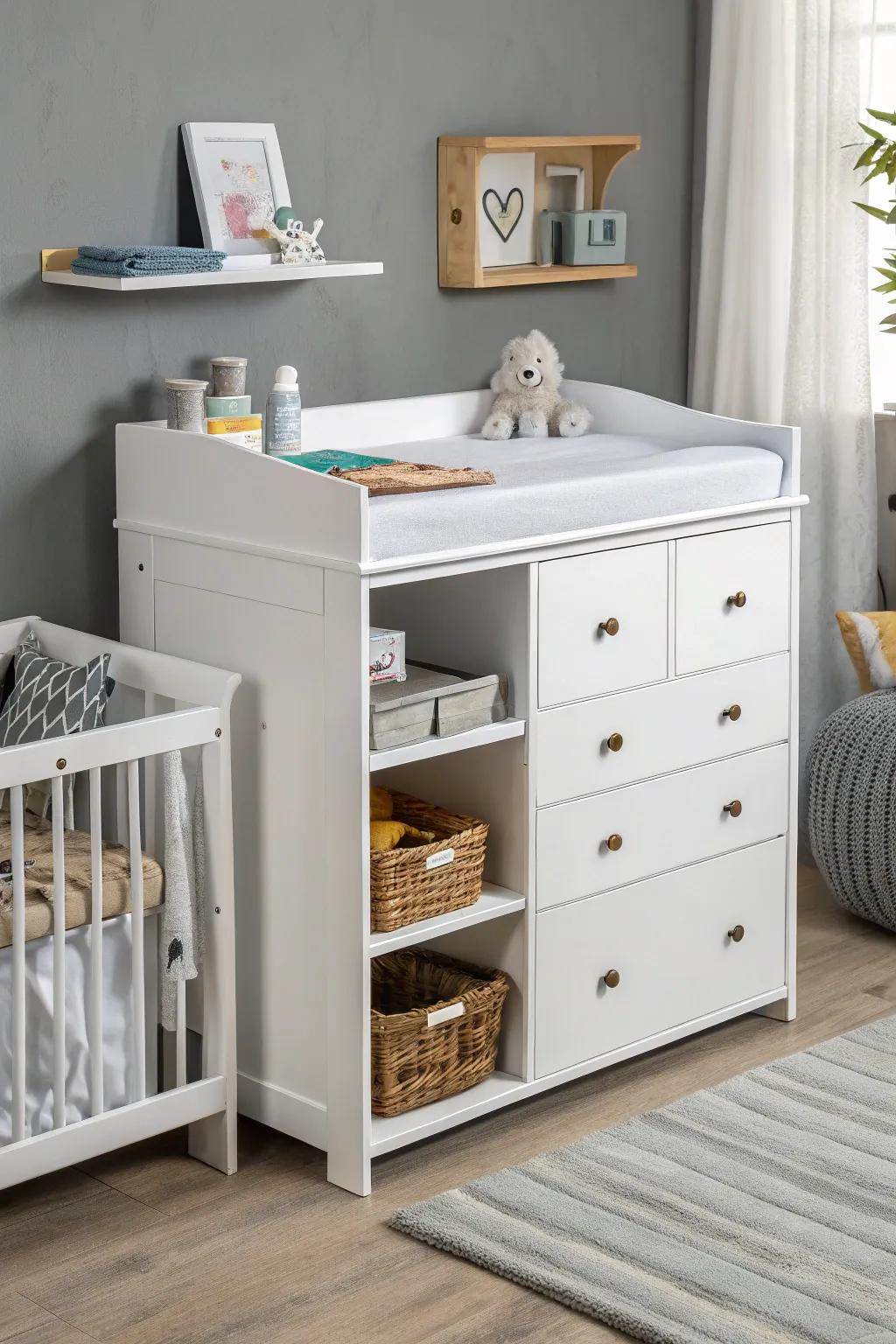 All-in-one furniture keeps the nursery organized and efficient, perfect for small spaces.