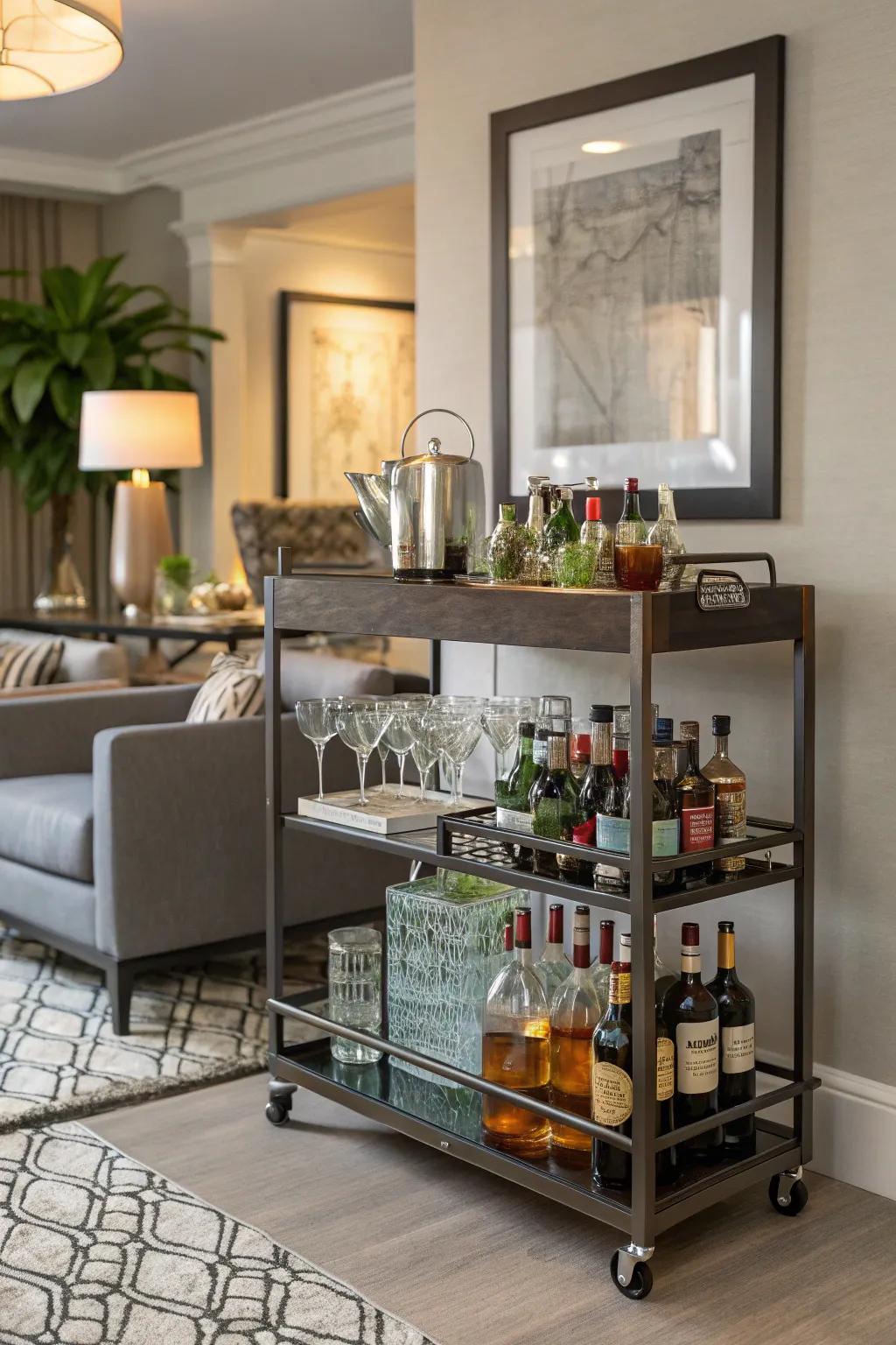 A portable bar cart keeps your bachelor pad ready for entertainment