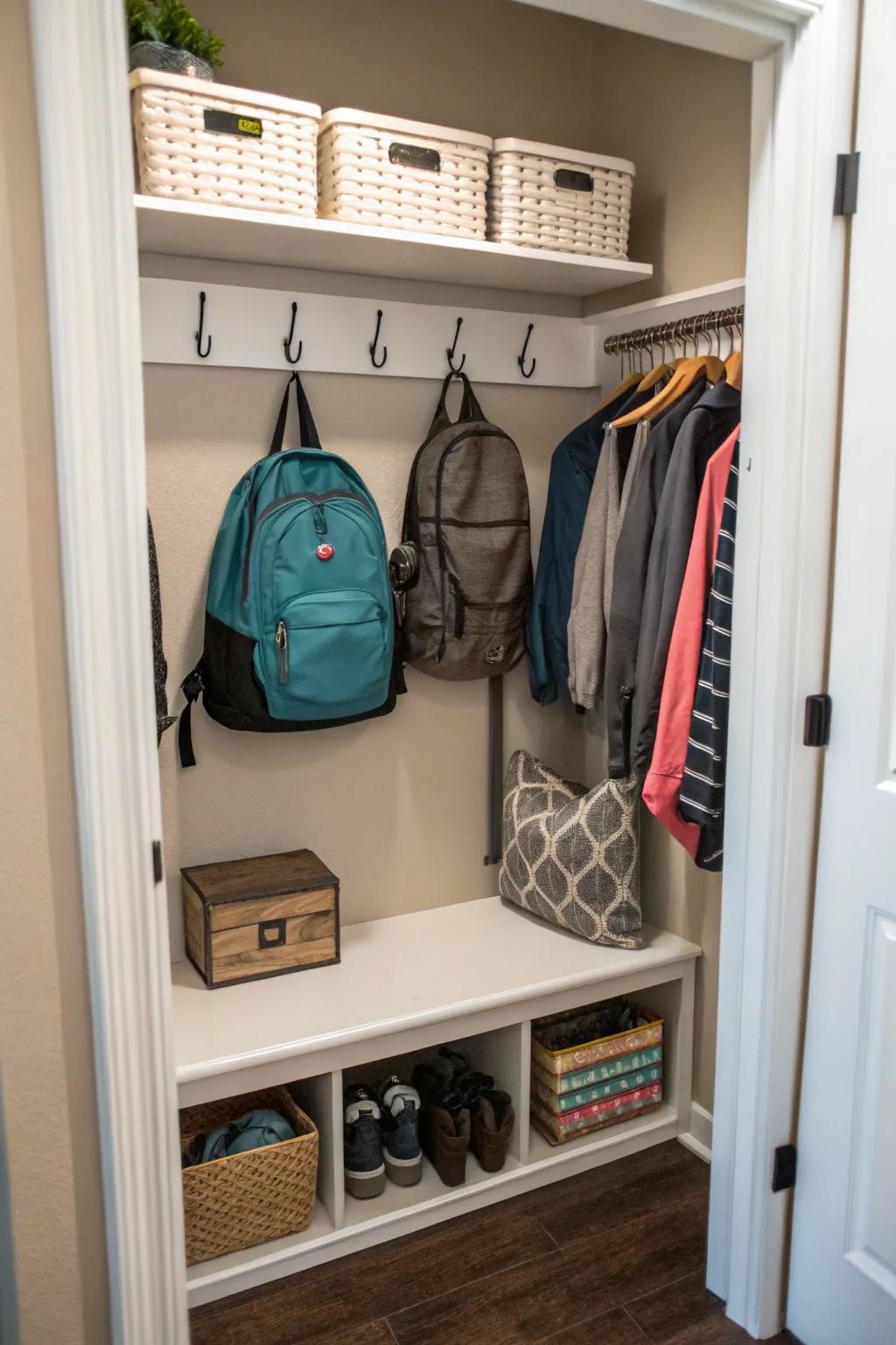 Repurpose a closet into a functional backpack nook.