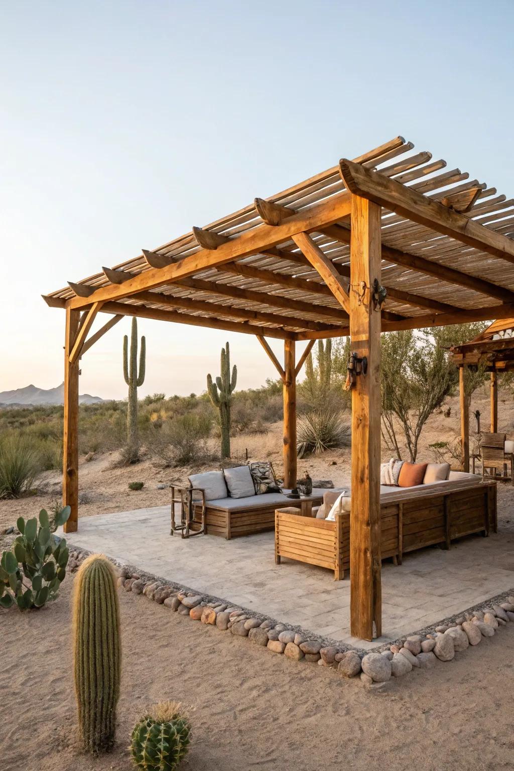 A pergola provides shade and architectural interest in a desert backyard.