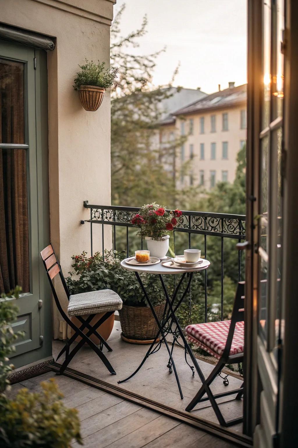 A bistro set adds charm and functionality to your balcony.