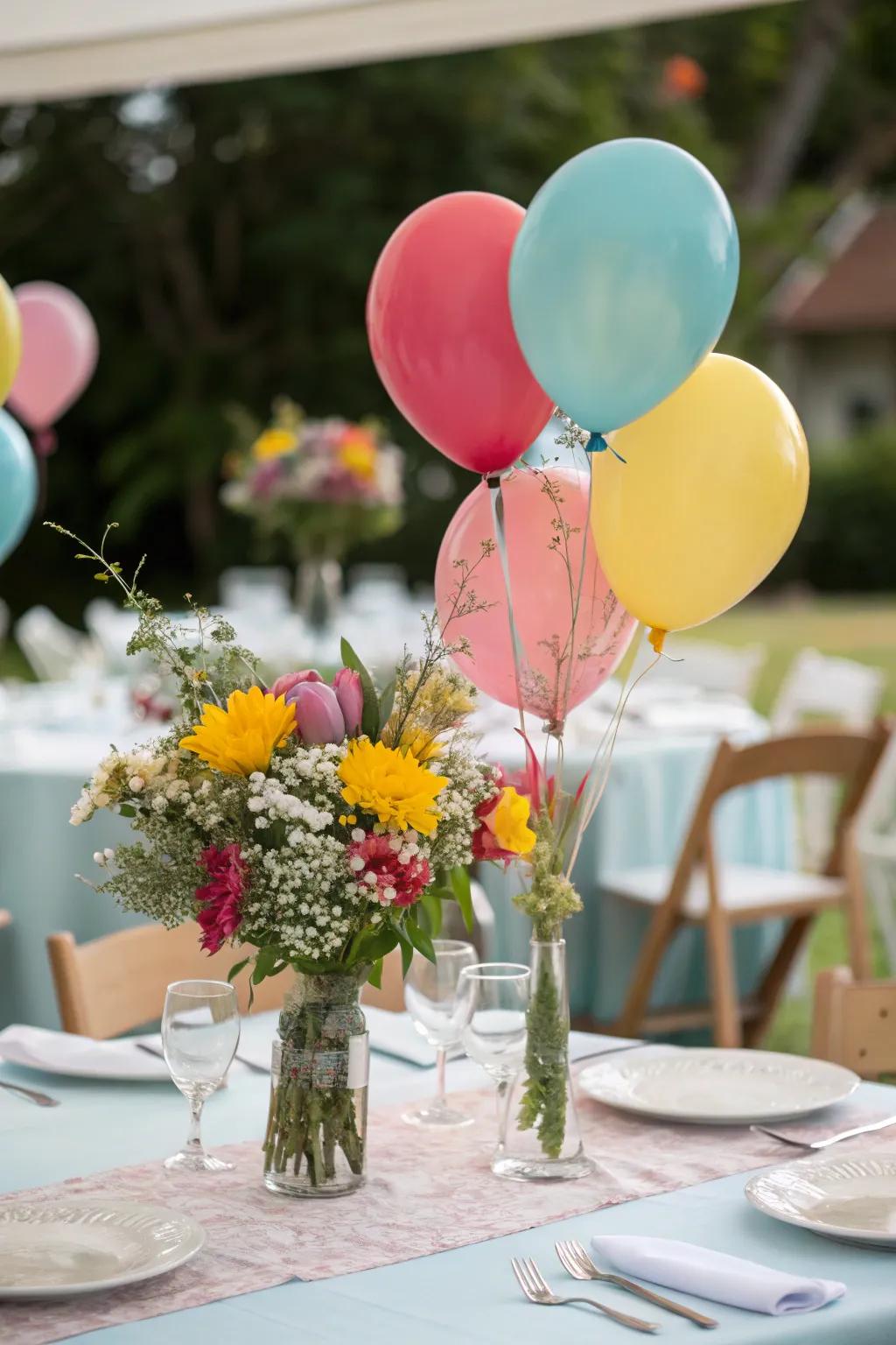 A dining table with charming balloon centerpieces.