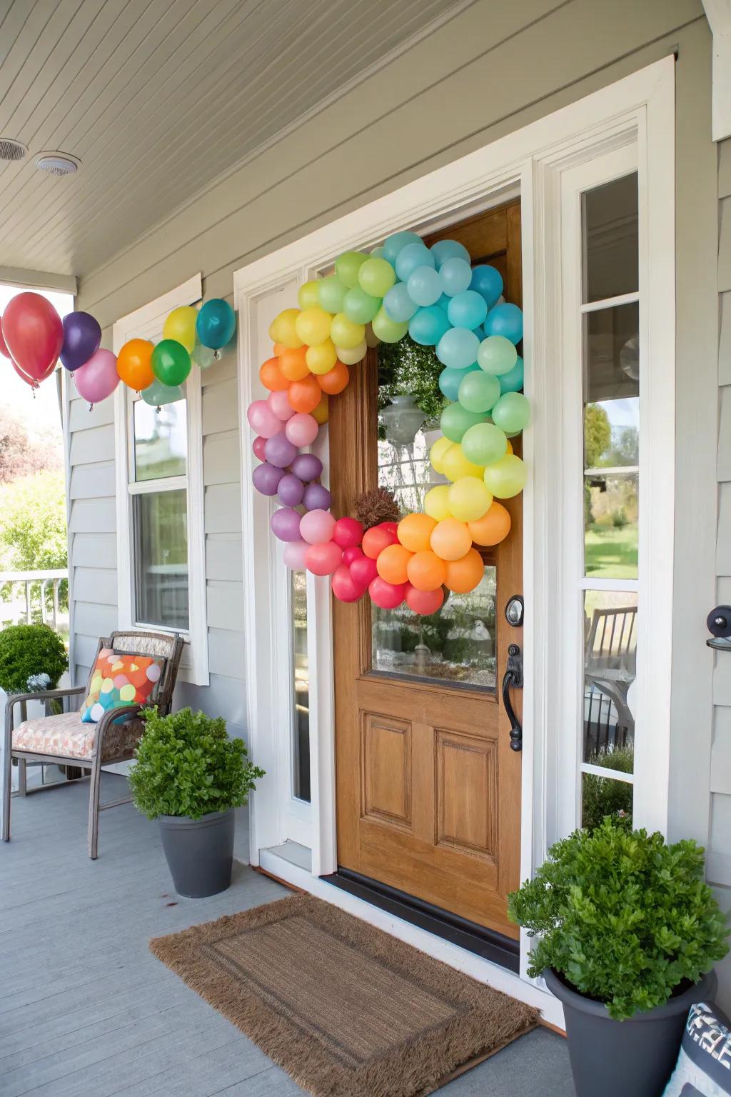 A colorful balloon wreath welcomes guests warmly.