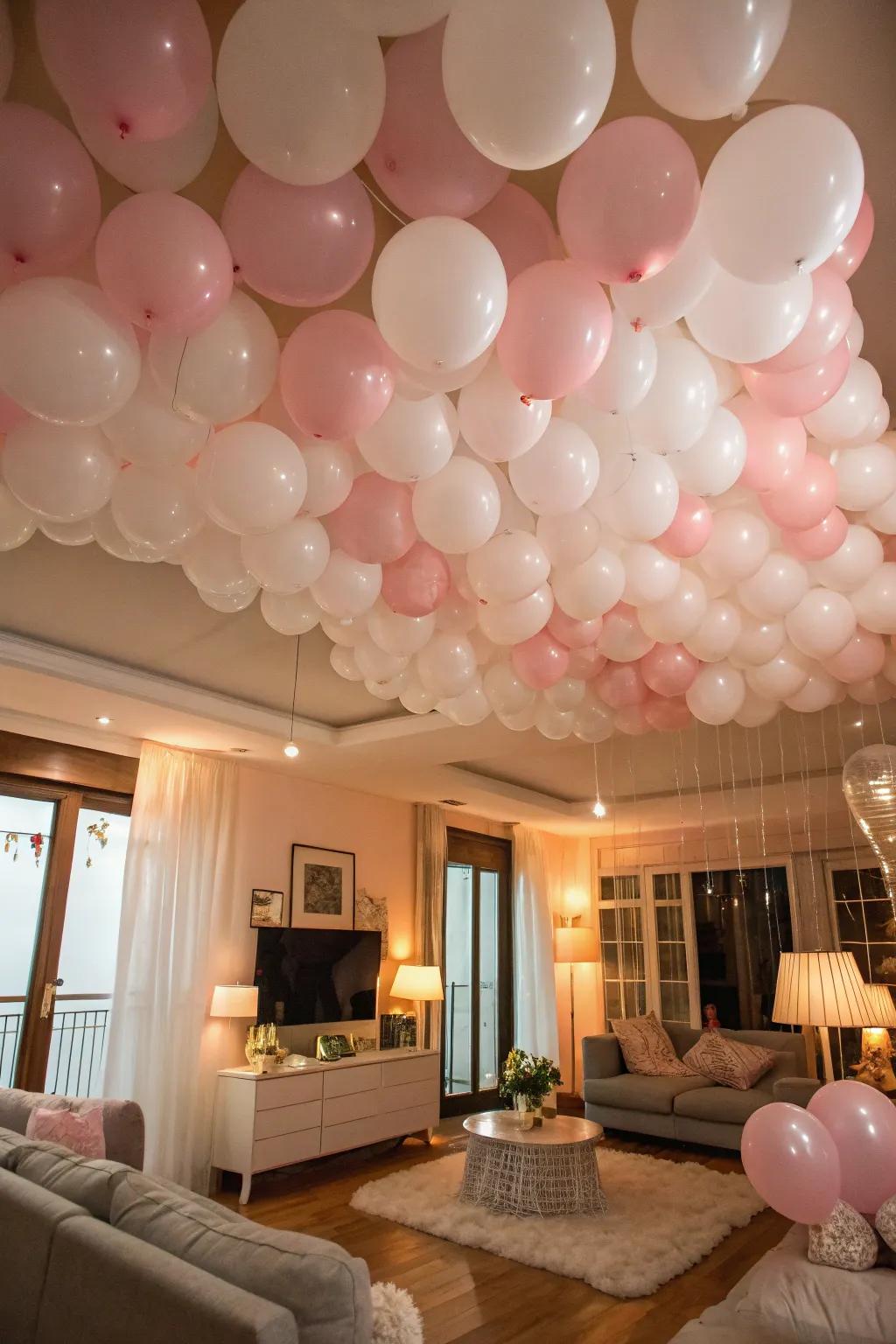 Create a whimsical atmosphere with a dreamy balloon ceiling.