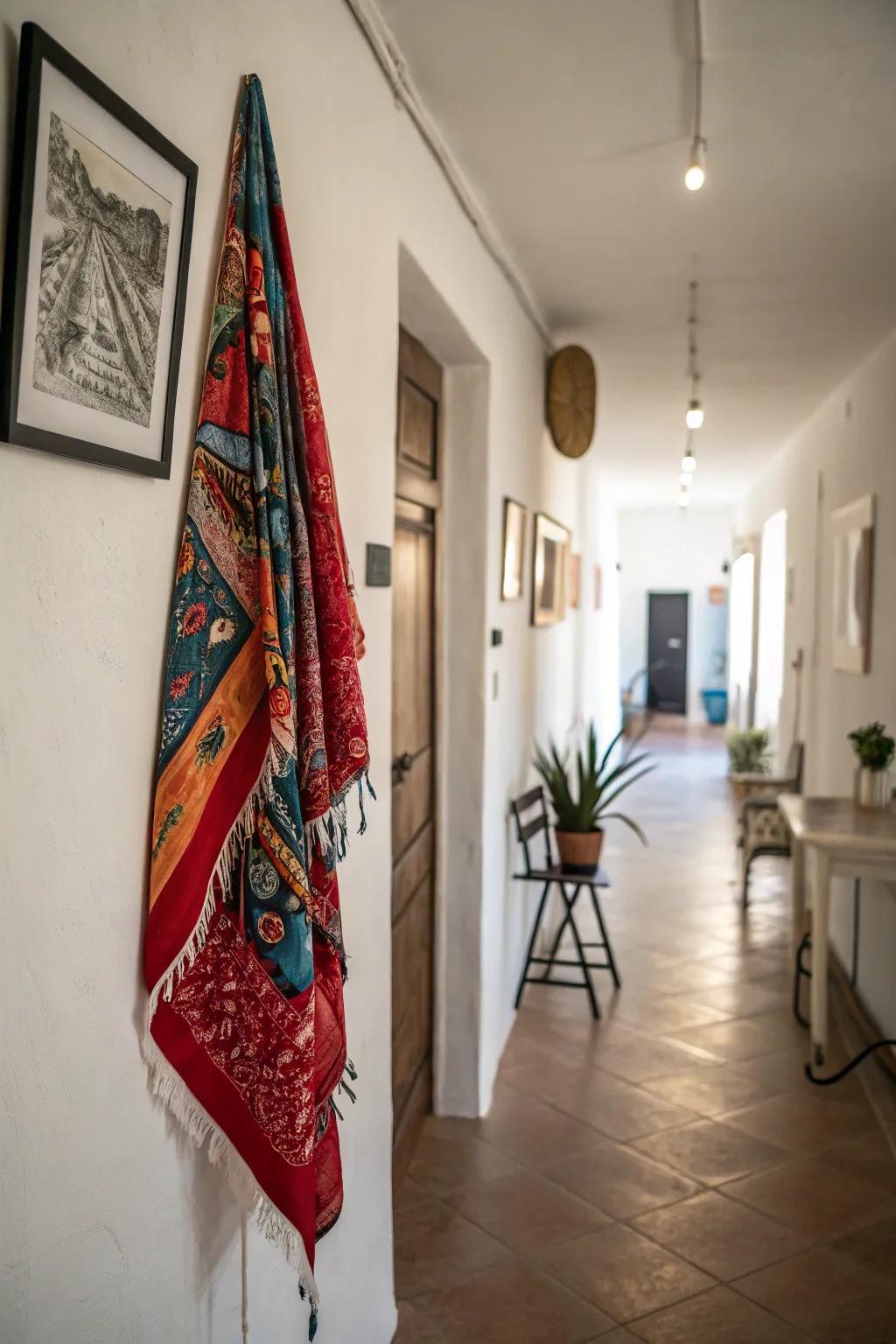 A bandana wall hanging adds a bohemian touch to any hallway.