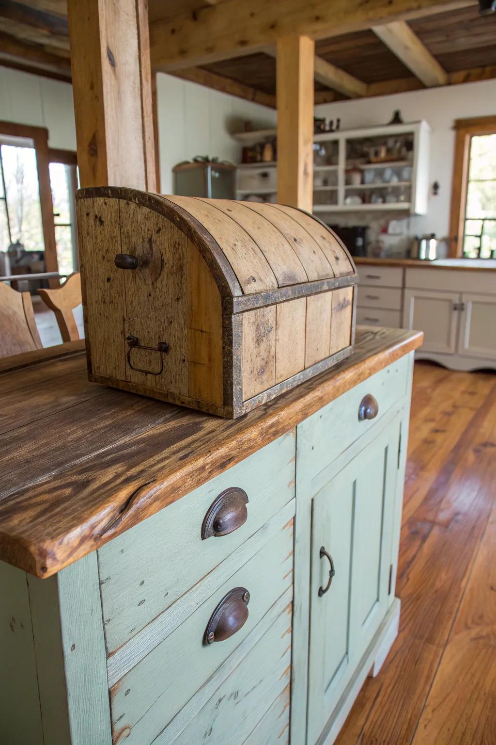 A rustic bandsaw box offering charm and history in a farmhouse kitchen.