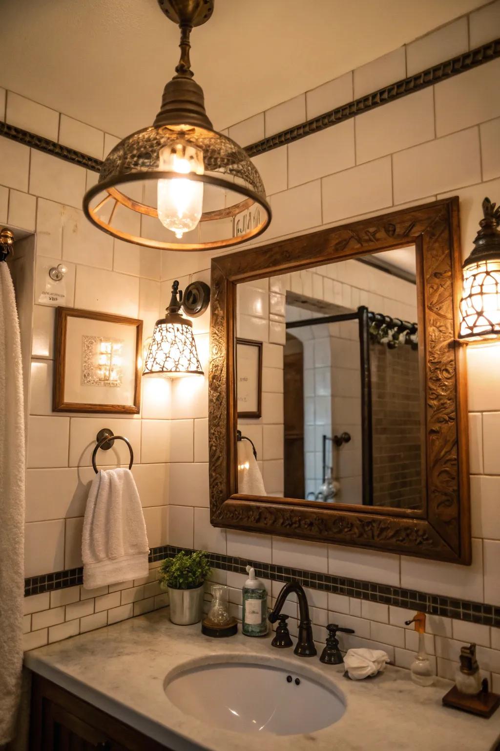 Vintage barn lights add charm and practicality to your bathroom.