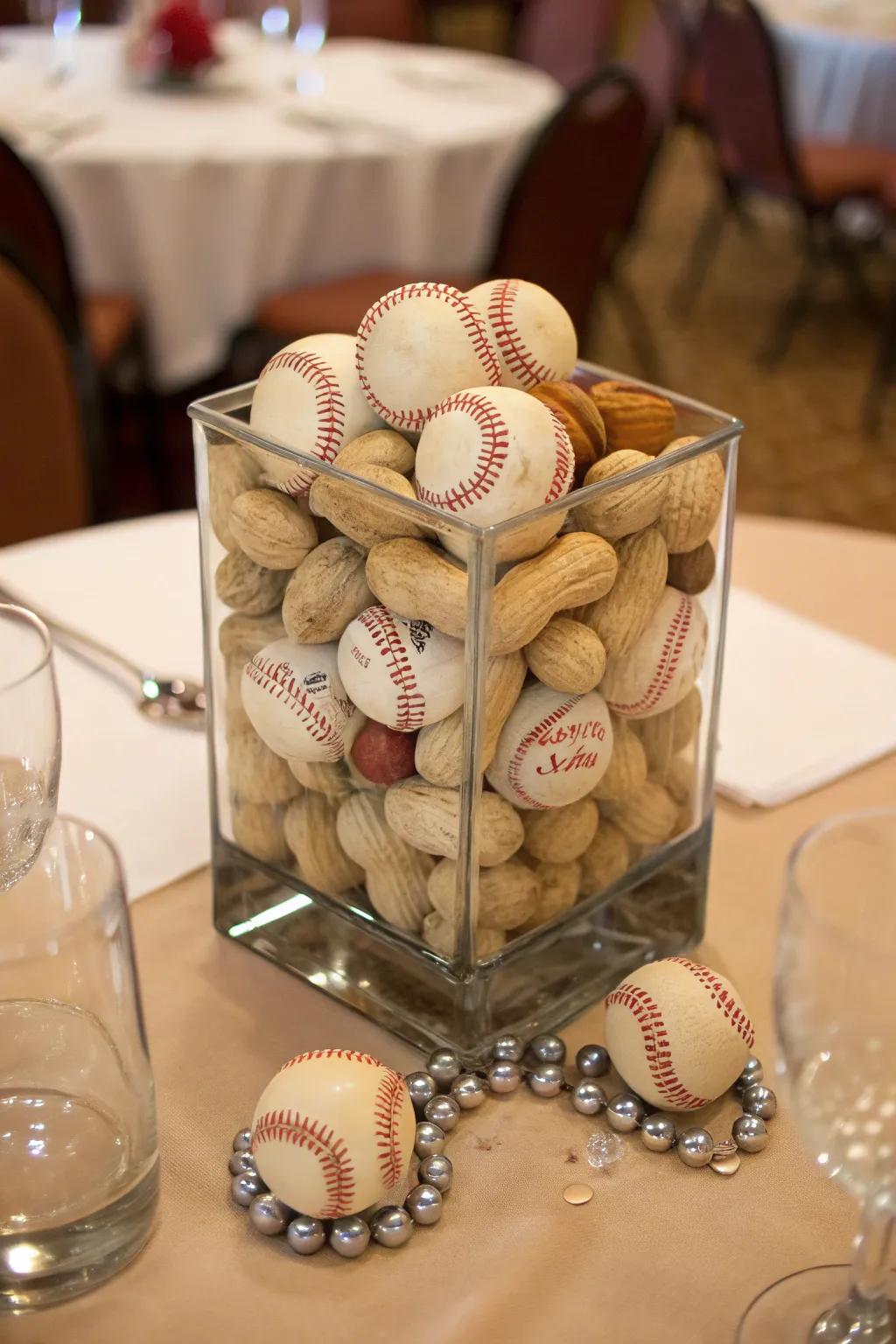 Nostalgic and playful, this centerpiece captures the essence of a day at the ballpark.