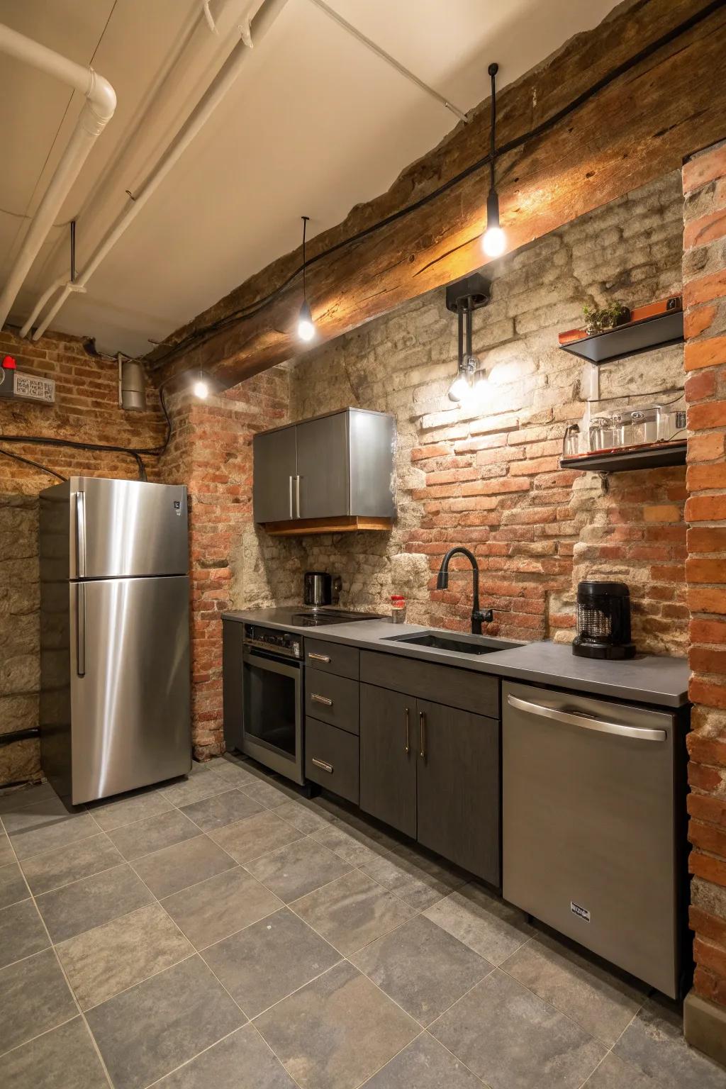 Exposed brick brings a rustic charm to modern basement kitchens.