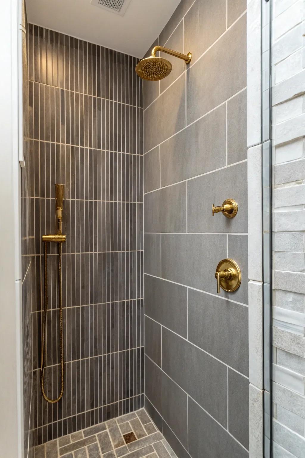 Vertical gray tiles in a shower alcove can create a modern and cozy atmosphere.